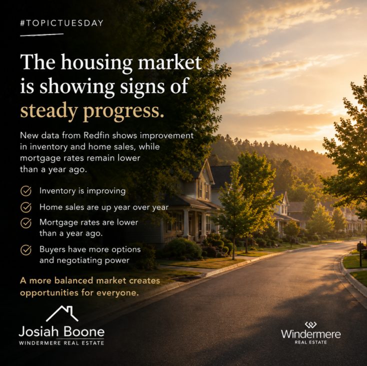Golden sunset over a suburban neighborhood representing improving housing market conditions in Spokane and Coeur d'Alene during 2026.