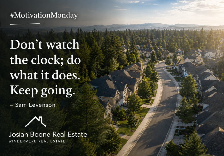 Motivation Monday real estate graphic featuring an aerial view of a suburban neighborhood with the quote “Don’t watch the clock; do what it does. Keep going.” and Josiah Boone Real Estate Windermere branding.