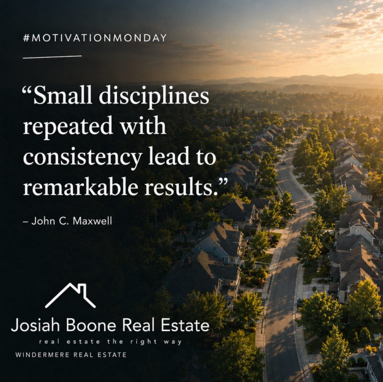 Motivation Monday real estate graphic featuring a warm aerial suburban neighborhood view with the quote “Small disciplines repeated with consistency lead to remarkable results” by John C. Maxwell, branded for Josiah Boone Real Estate and Windermere Real Estate.