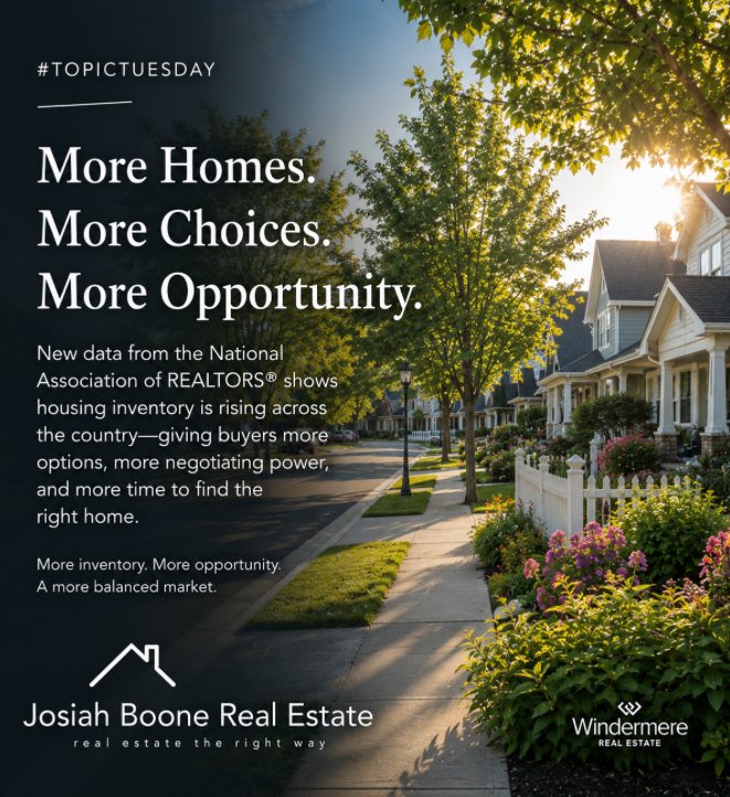 Aerial view of a tree-lined suburban neighborhood at sunrise representing rising housing inventory and increased homebuyer opportunities.
