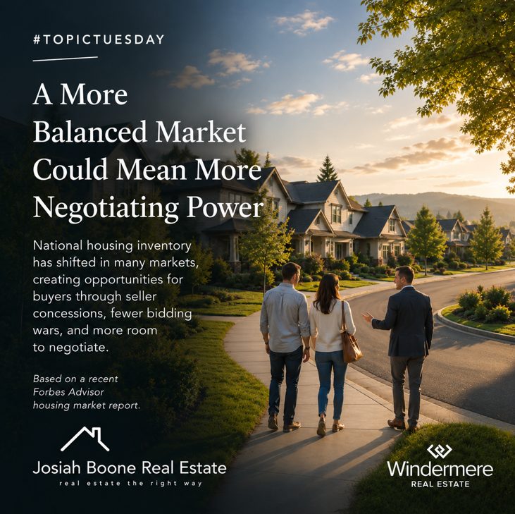 Real estate agent showing buyers homes in a suburban neighborhood illustrating increased negotiating opportunities in today's housing market.
