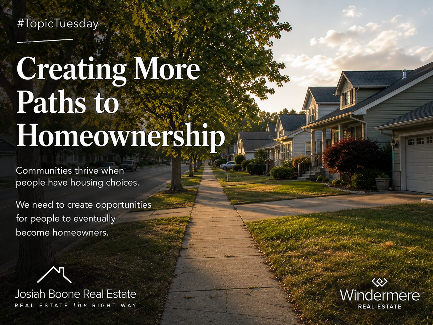 A welcoming Spokane neighborhood with modest homes, mature trees, sidewalks, and a young family walking during a warm summer evening.