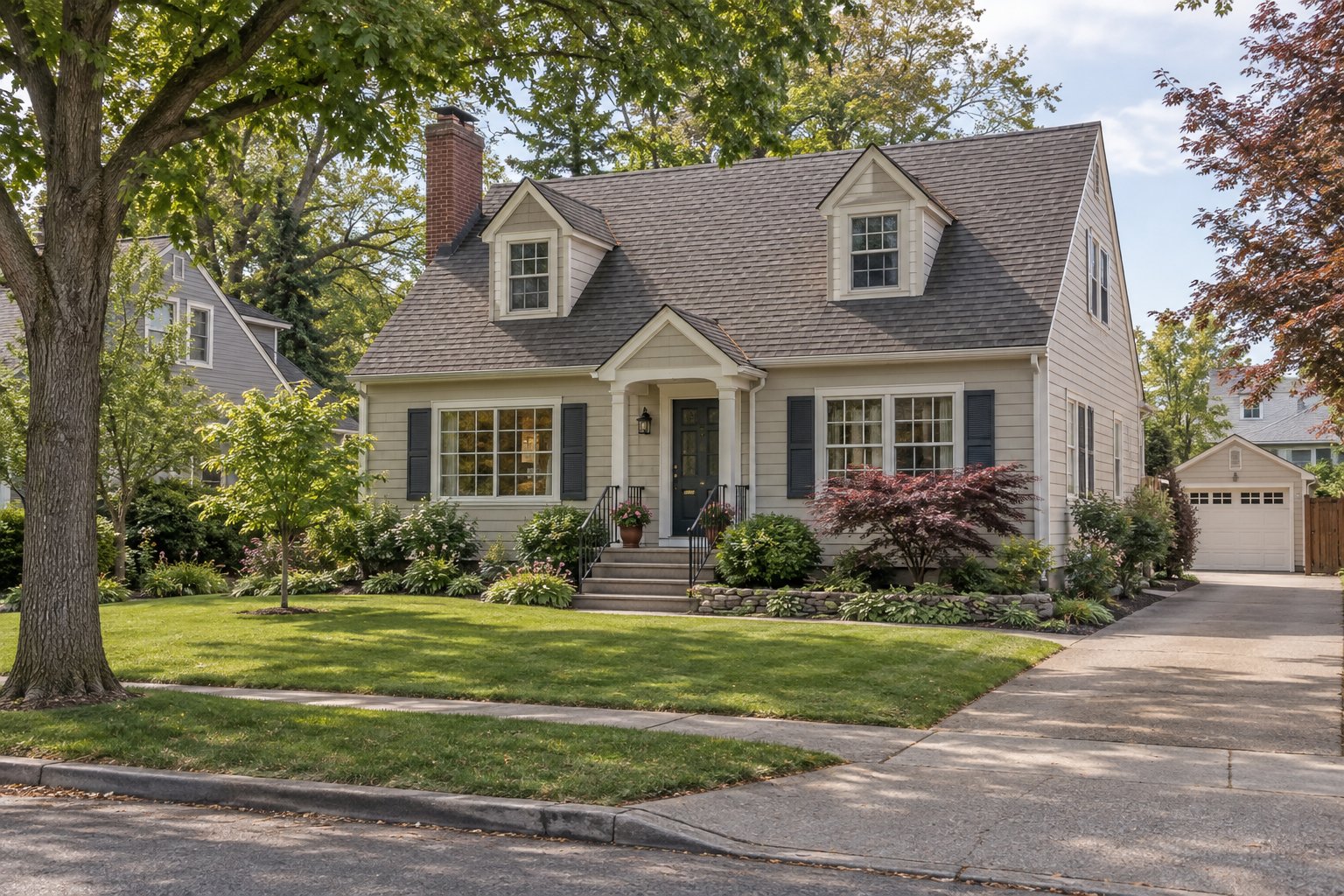 Illustration: Cape Cod-style home with dormer windows, a brick chimney, and mature deciduous trees