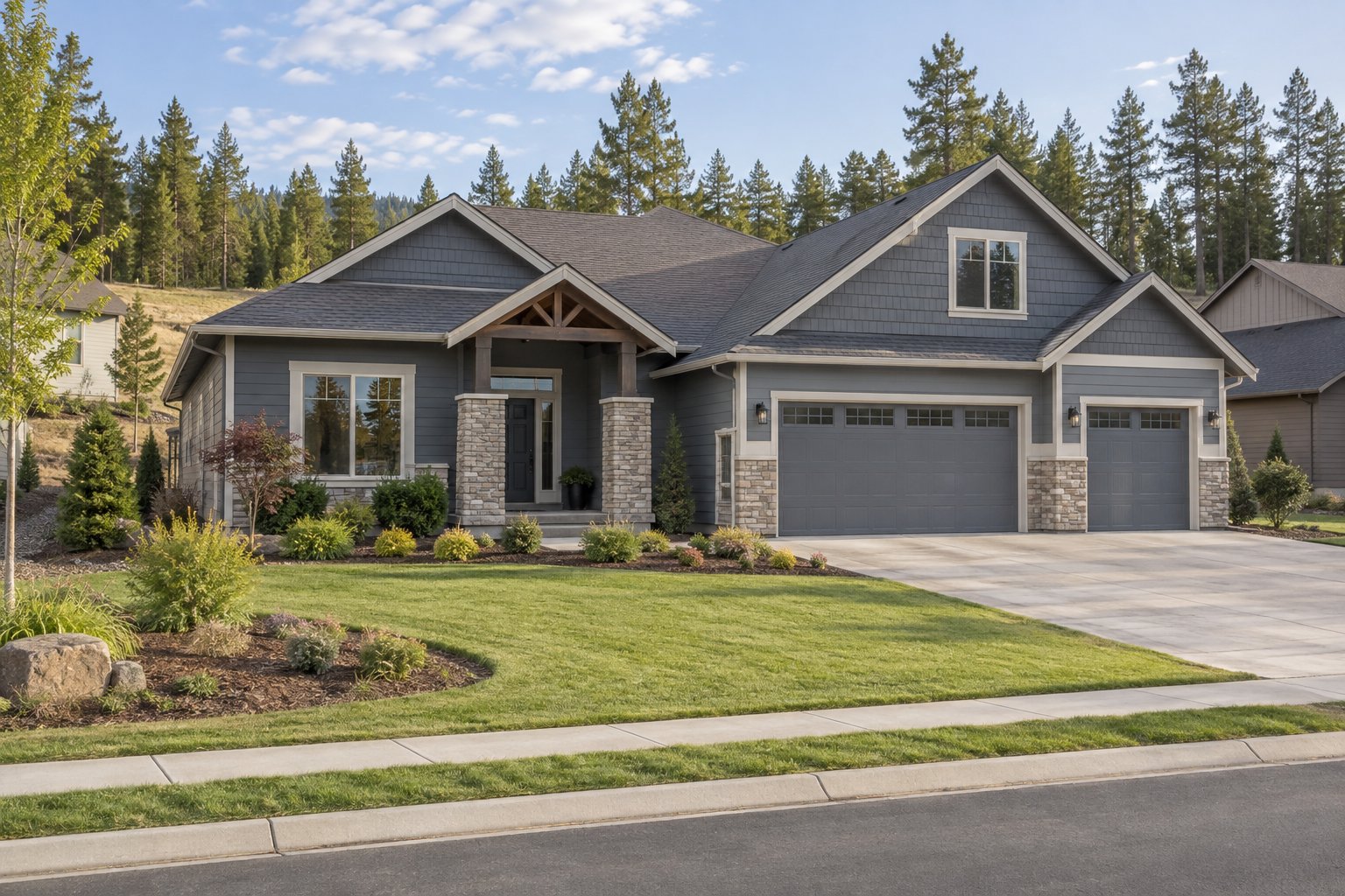 Illustration: Blue-gray Northwest home with a bonus room, stone porch columns, and a three-car garage