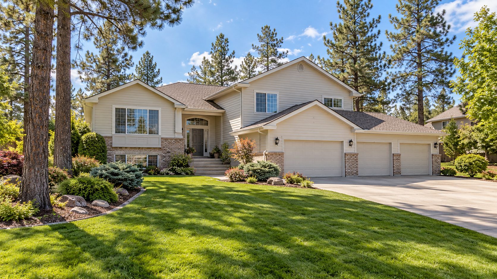 Illustration of a cream-colored suburban tri-level home with an attached three-car garage, landscaped green lawn, and scattered pine trees, inspired by Blackhawk.