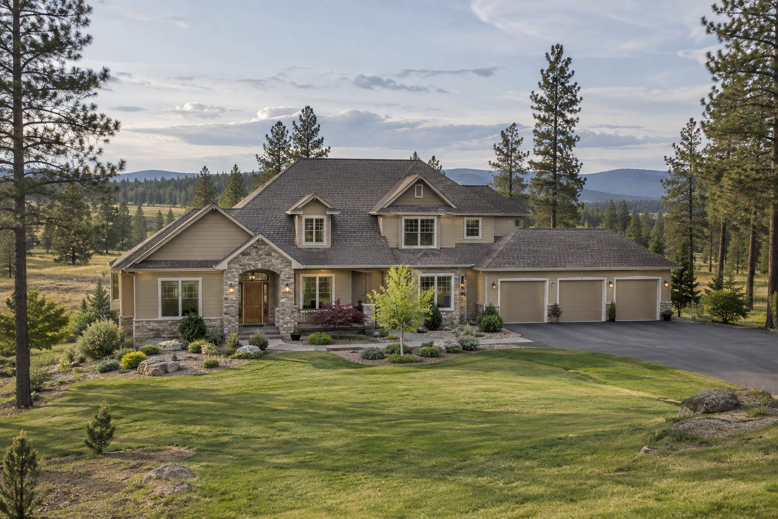 Illustration: High-end two-story home with a stone entry, three-car garage, and open acreage