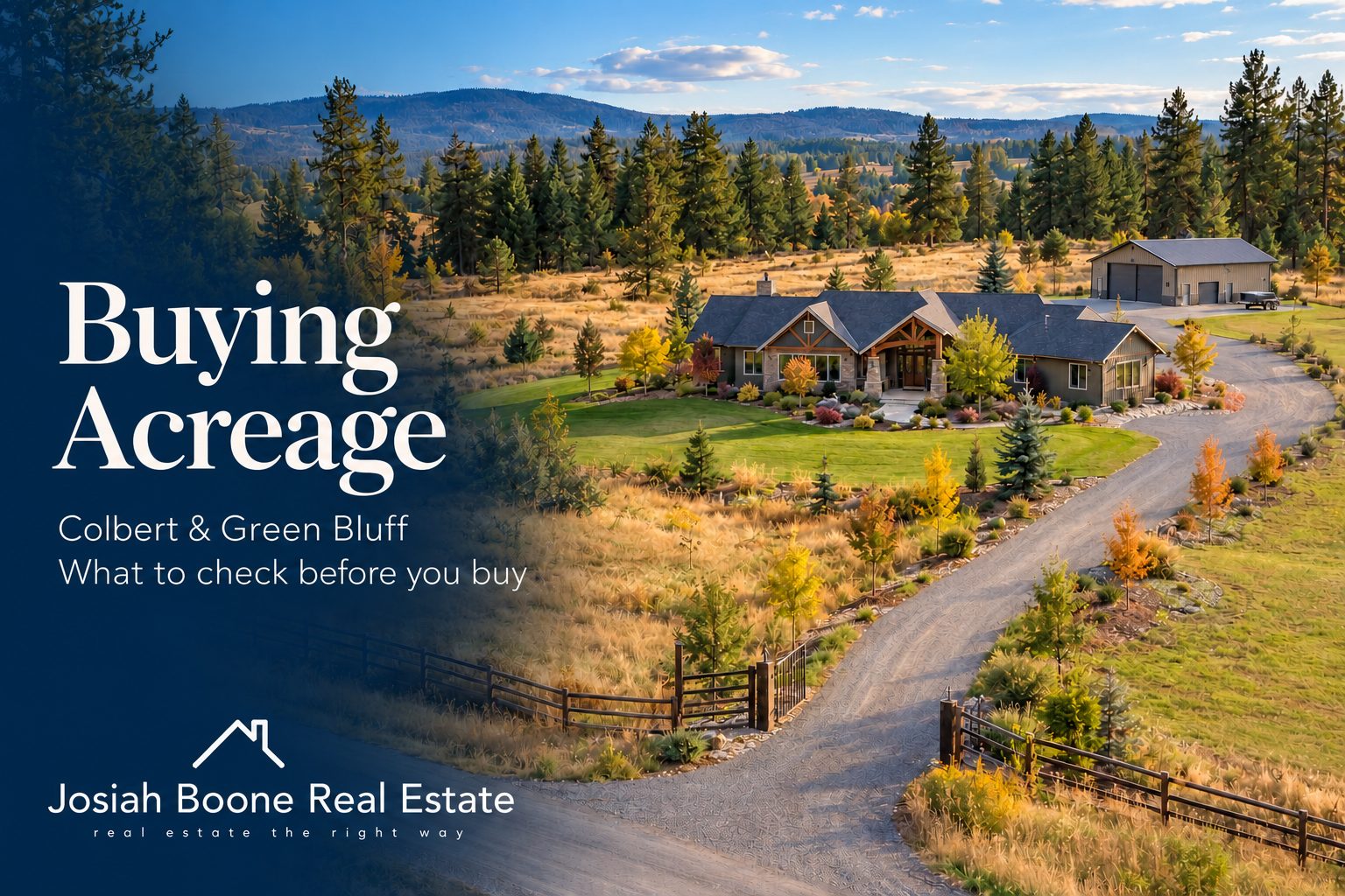 Illustrative aerial view of a home, shop and rural driveway for buying acreage near Colbert and Green Bluff.