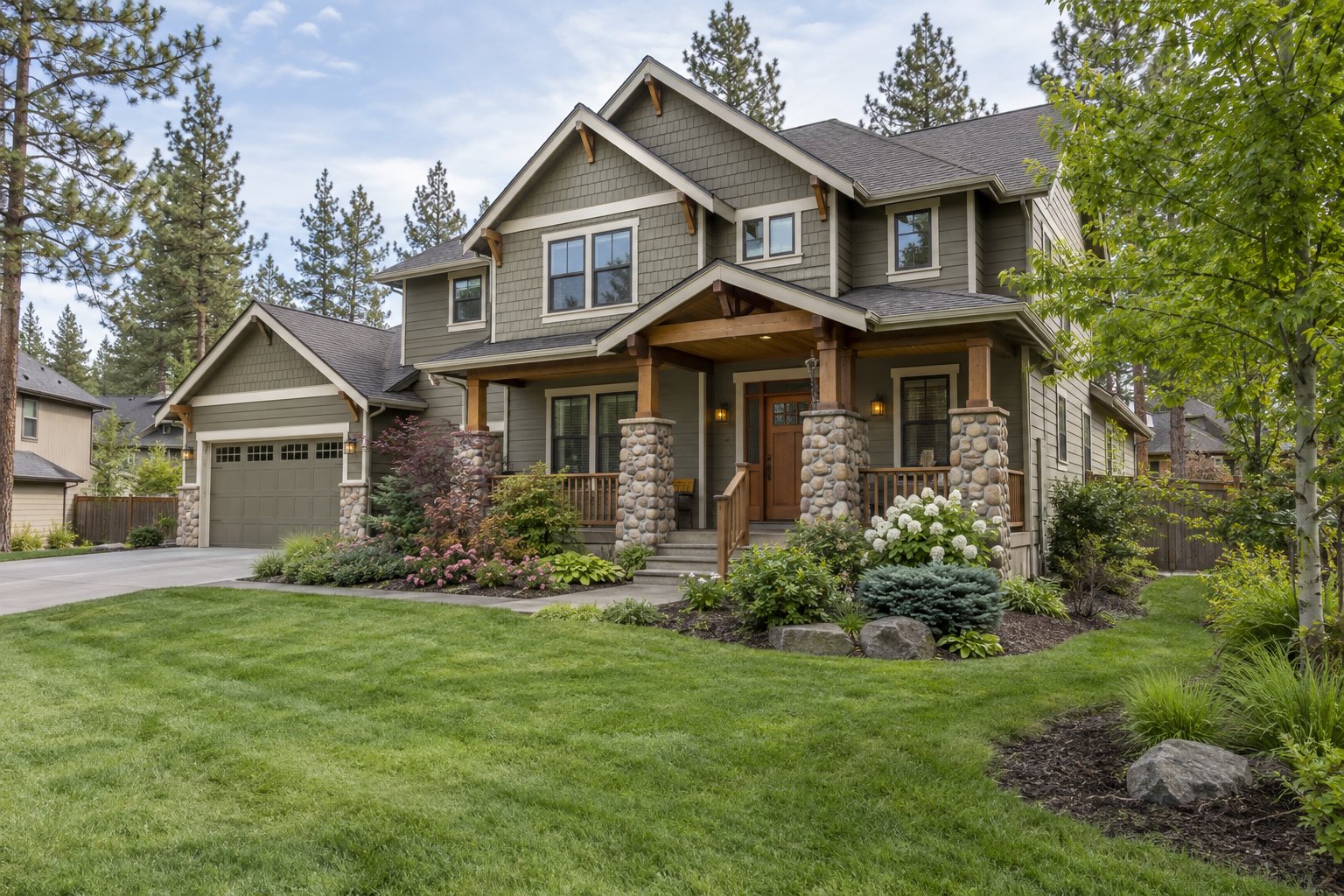 Illustration: Olive-gray two-story Craftsman home with river-stone porch columns and a landscaped garden