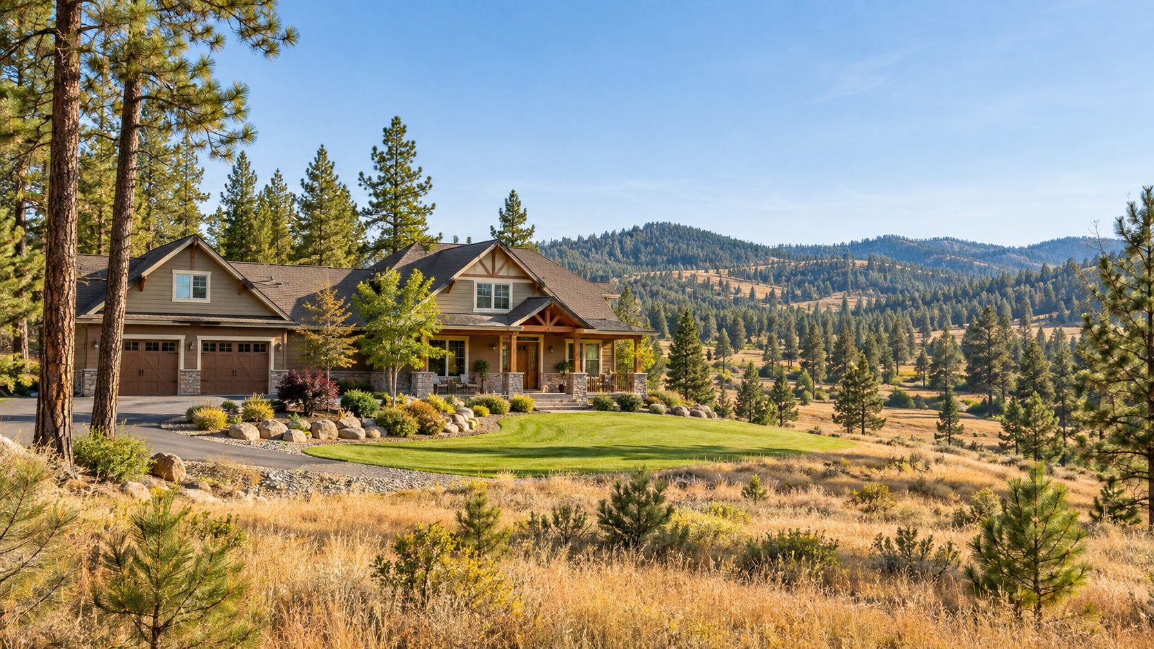 Illustration of a Colbert-inspired acreage home with meadow, ponderosa pines, and dry rolling hills.