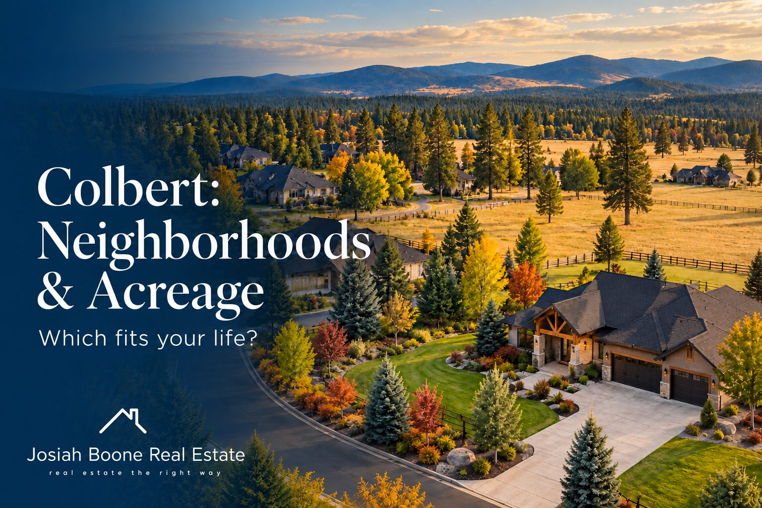 Illustrative aerial view of Northwest homes and open land for Colbert neighborhoods and acreage.