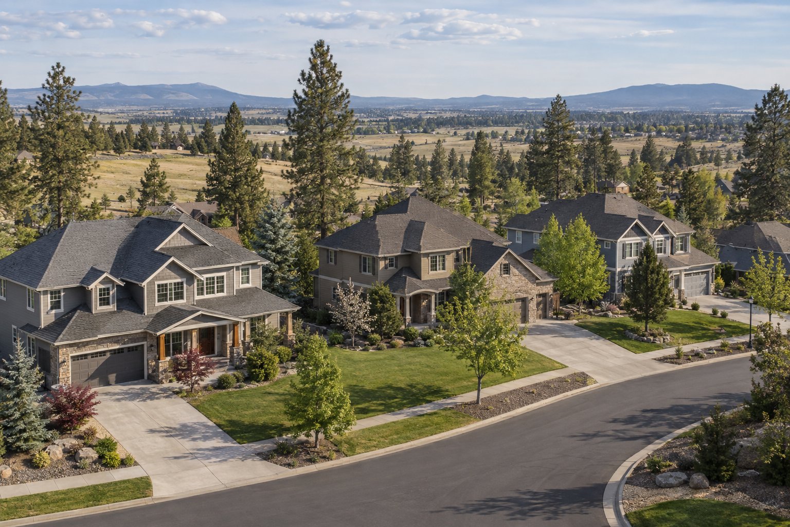 Illustration: Aerial view of substantial two-story homes with green yards and open prairie beyond