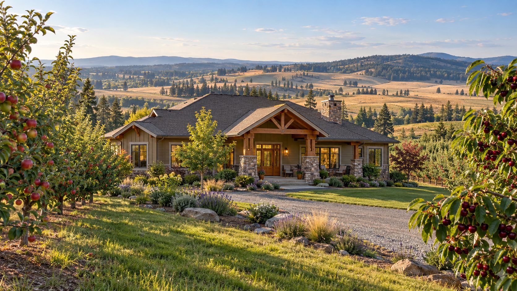 Illustration of a ranch-style Craftsman home between apple and cherry orchards overlooking prairie and hills, inspired by Green Bluff.