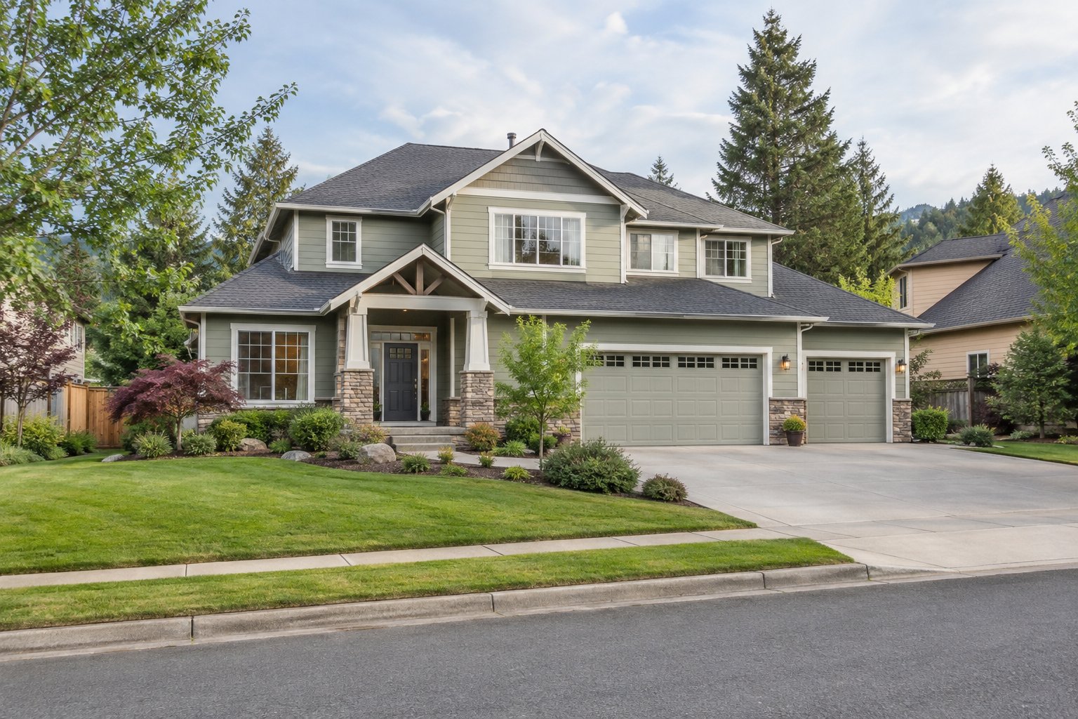 Illustration: Sage-green two-story suburban home with stone porch details and an established landscaped yard