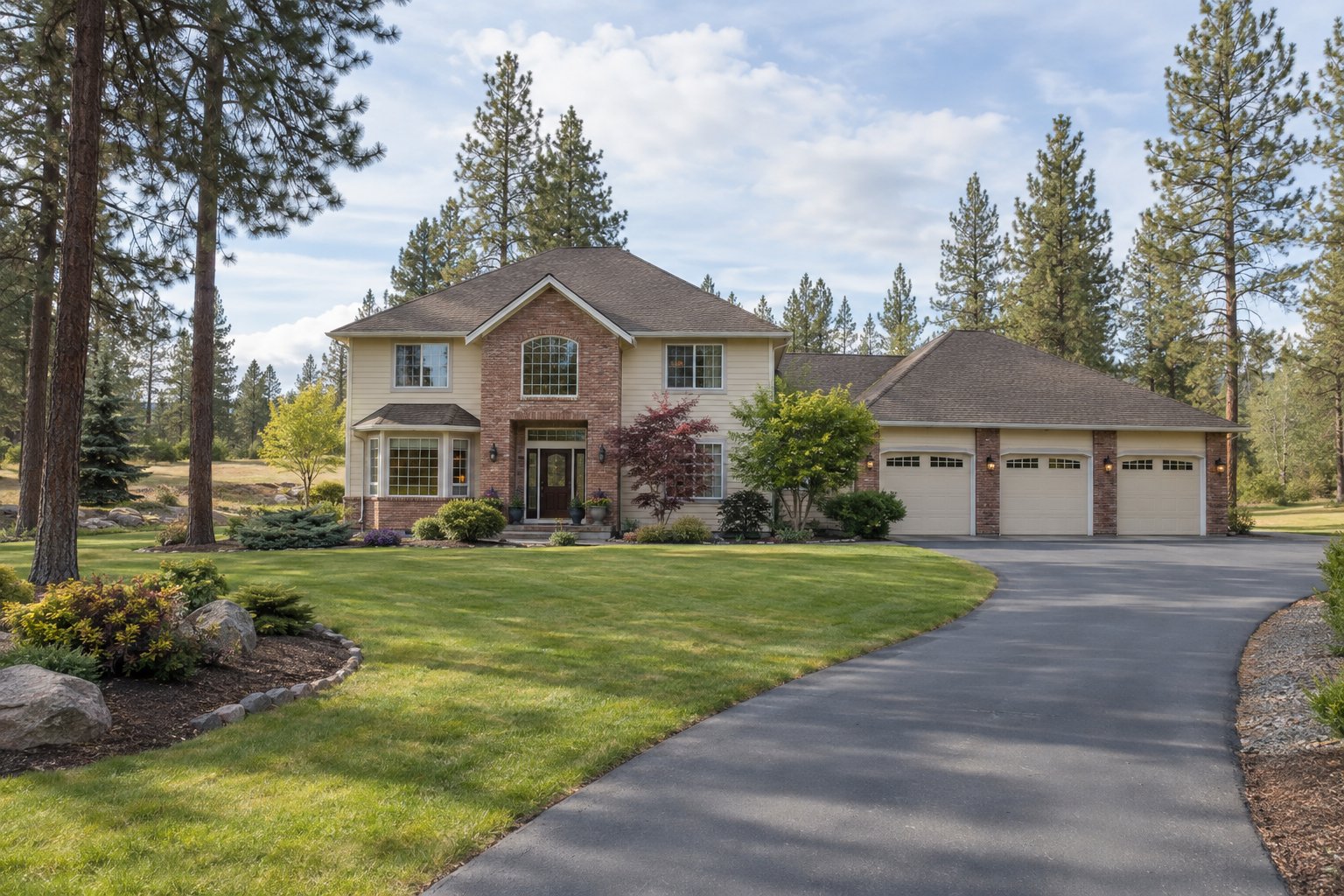 Illustration: Cream two-story home with brick accents, a curved driveway, and spacious pine-lined grounds