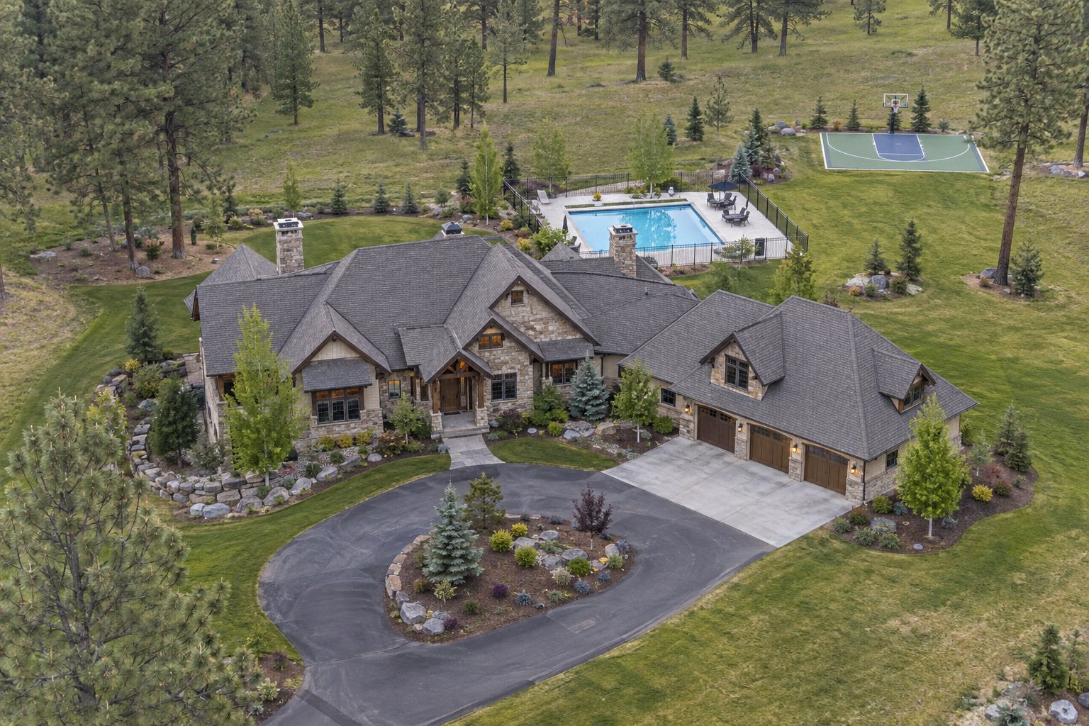 Illustration: Aerial view of a high-end estate with a pool, basketball court, and spacious landscaped grounds
