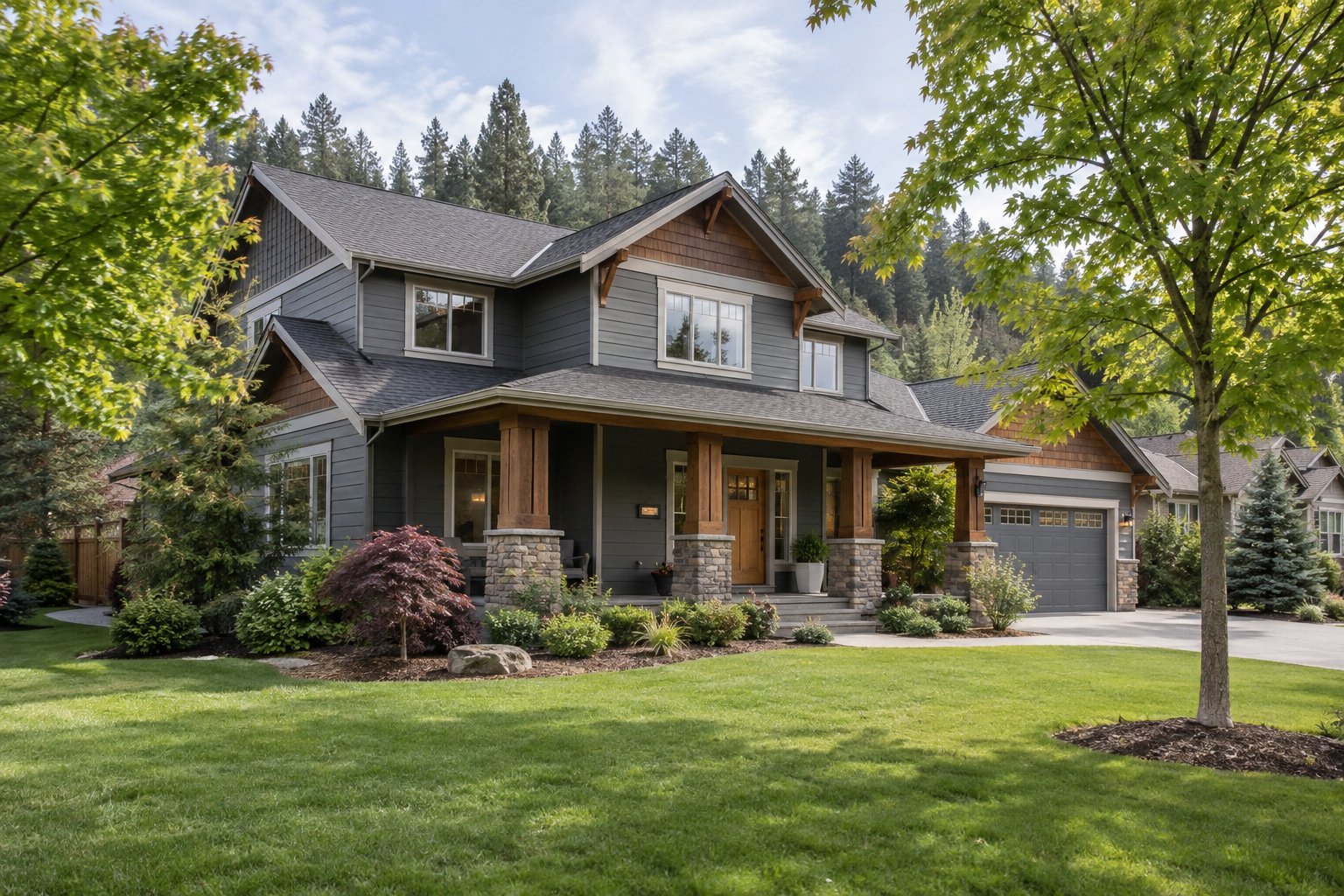 Illustration: Slate-gray Craftsman home with cedar porch details and a landscaped yard framed by trees