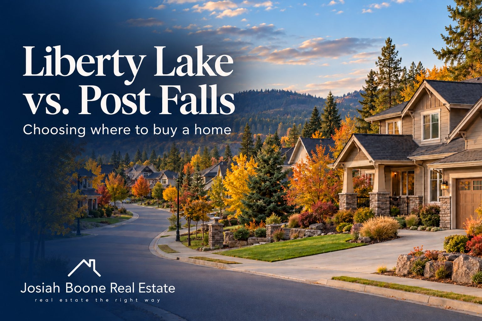 Illustrative Northwest neighborhood with the headline Liberty Lake vs. Post Falls: Choosing where to buy a home.