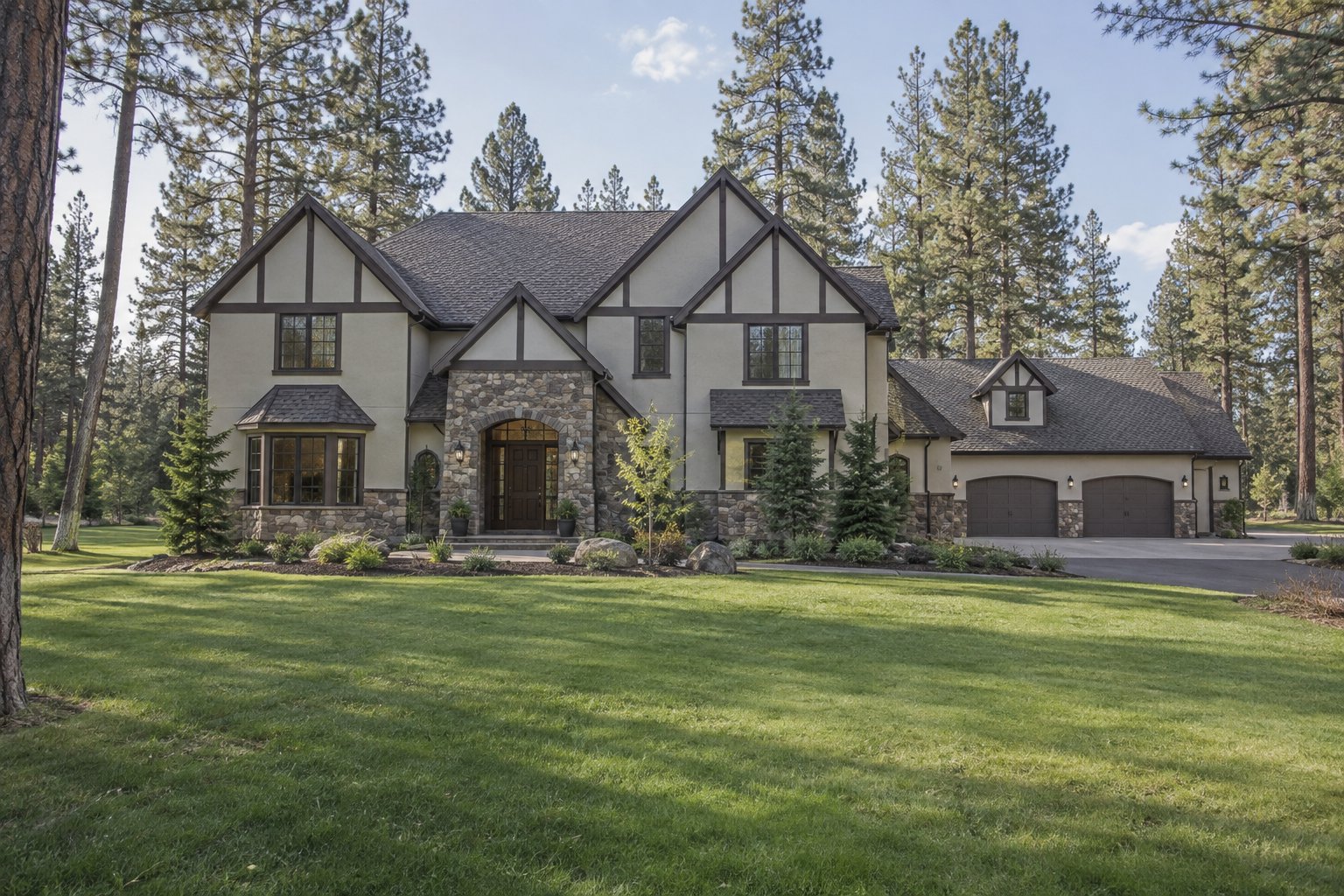 Illustration: Tudor-style home with generous grounds and mature pine trees, without nearby houses