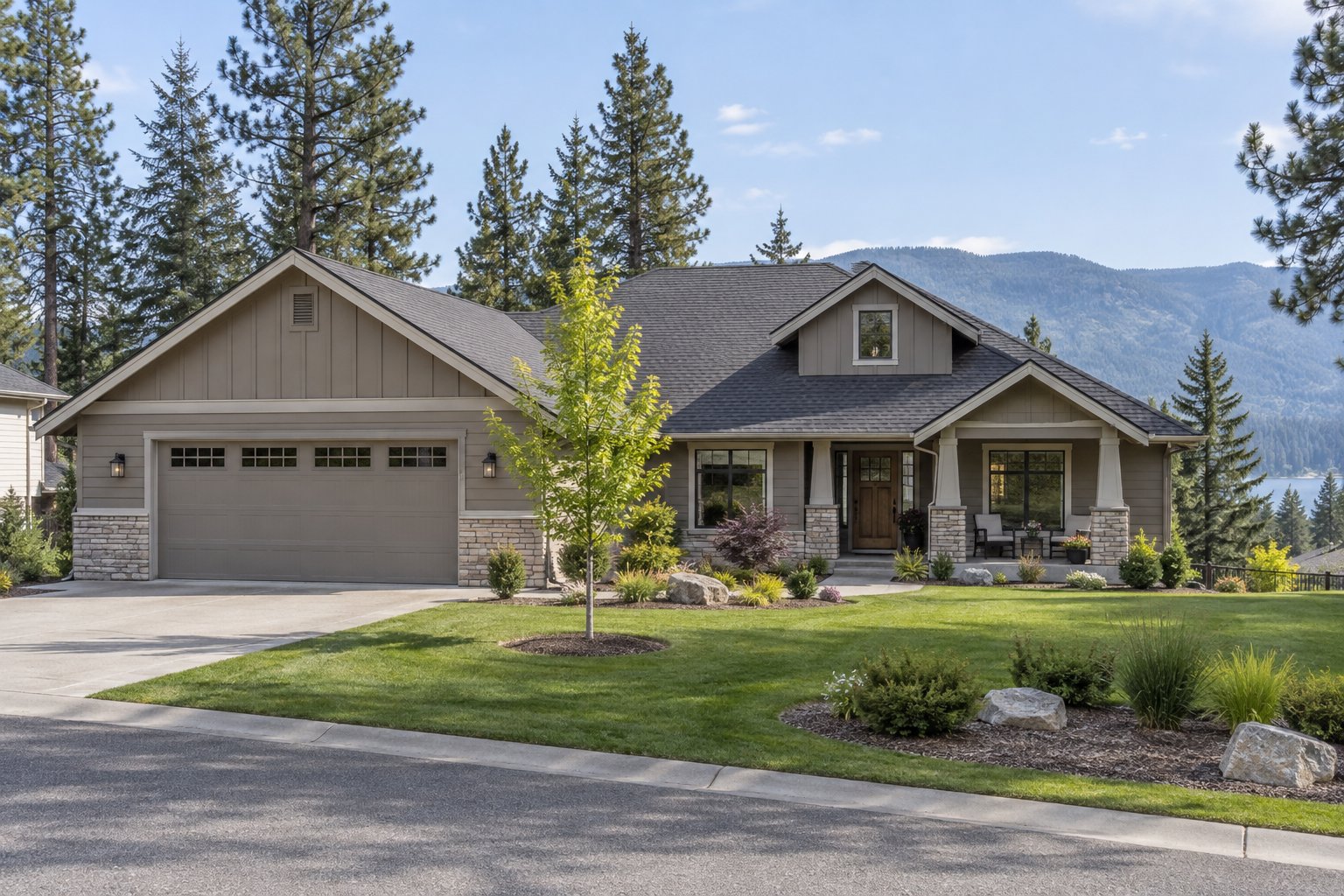 Illustration: Northwest ranch-style home with a covered porch, pine trees, and distant foothills