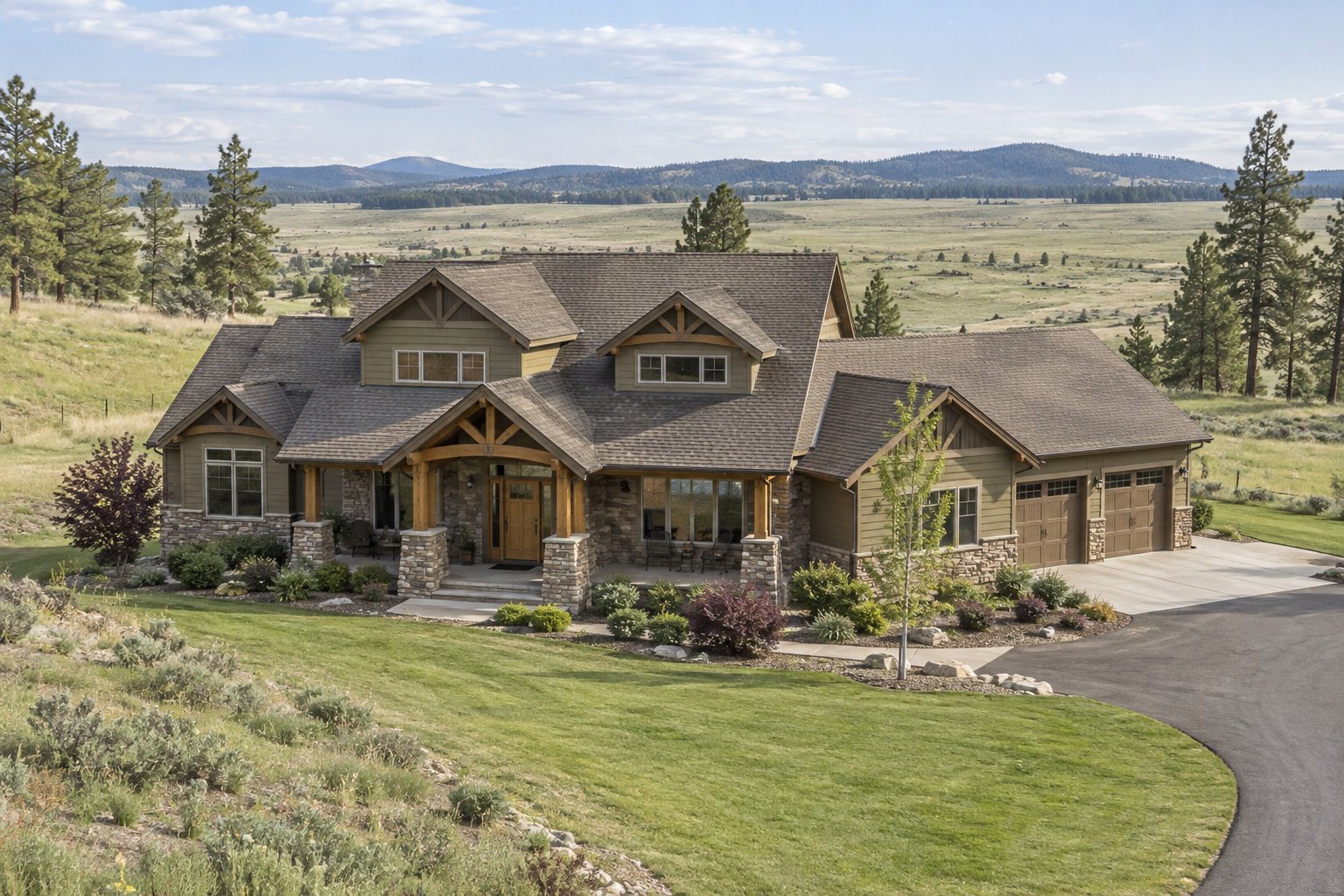 Illustration: High-end Craftsman home with stone and timber details overlooking open prairie land