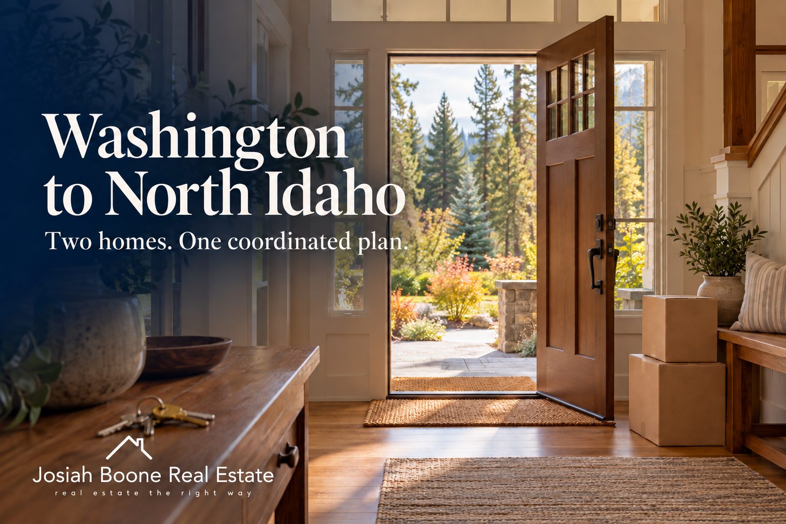 Moving boxes and keys in a Northwest home entry, illustrating a coordinated move from Washington to North Idaho.