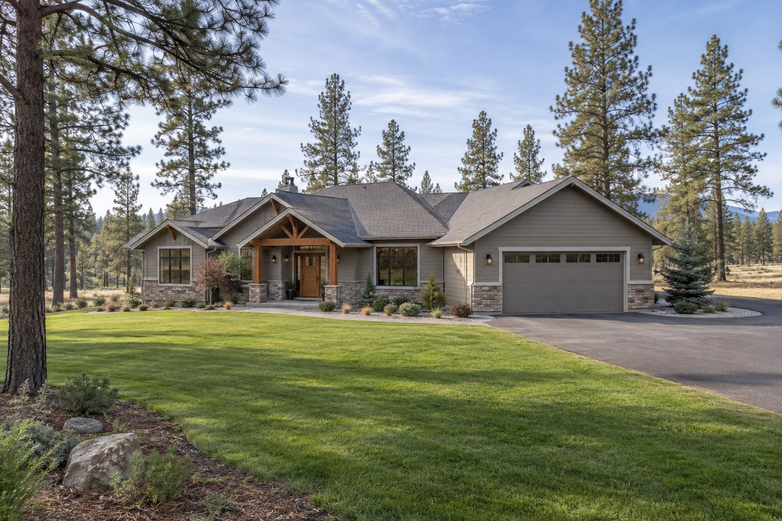 Illustration: Northwest ranch-style home with a spacious lawn and widely spaced pine trees