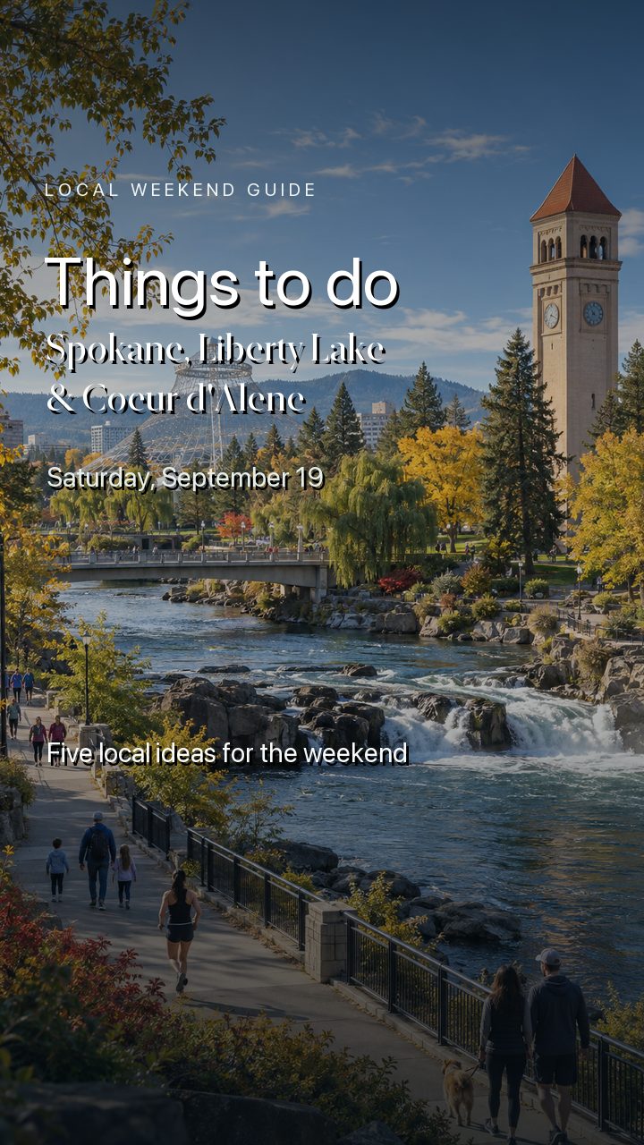 Spokane riverfront and clock tower on the September 19 guide to things to do in Spokane this Saturday.
