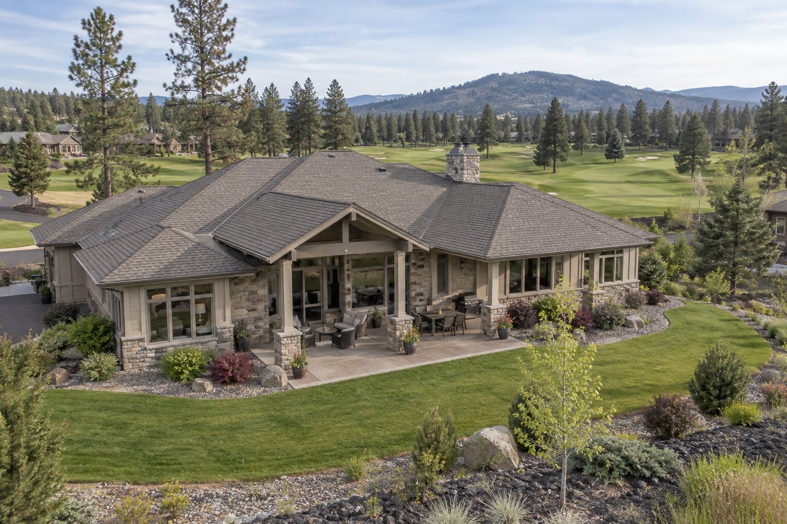 Illustration: Single-story Northwest home with a landscaped patio overlooking a golf fairway