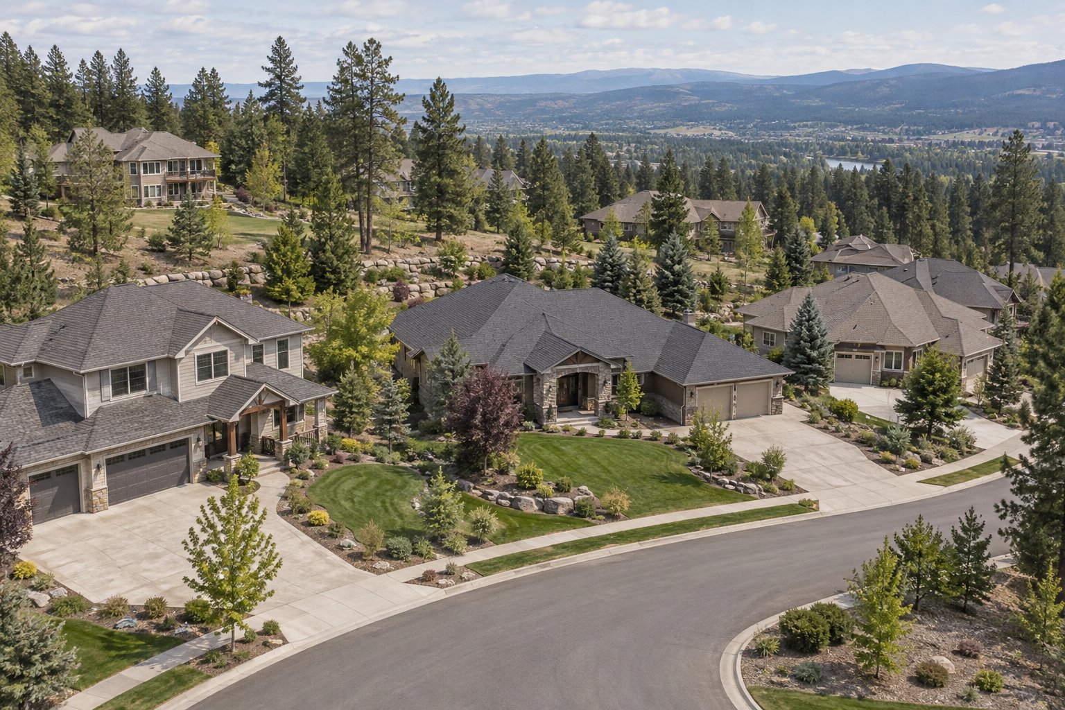 Illustration: Elevated view of substantial hillside homes with landscaped yards and pine trees