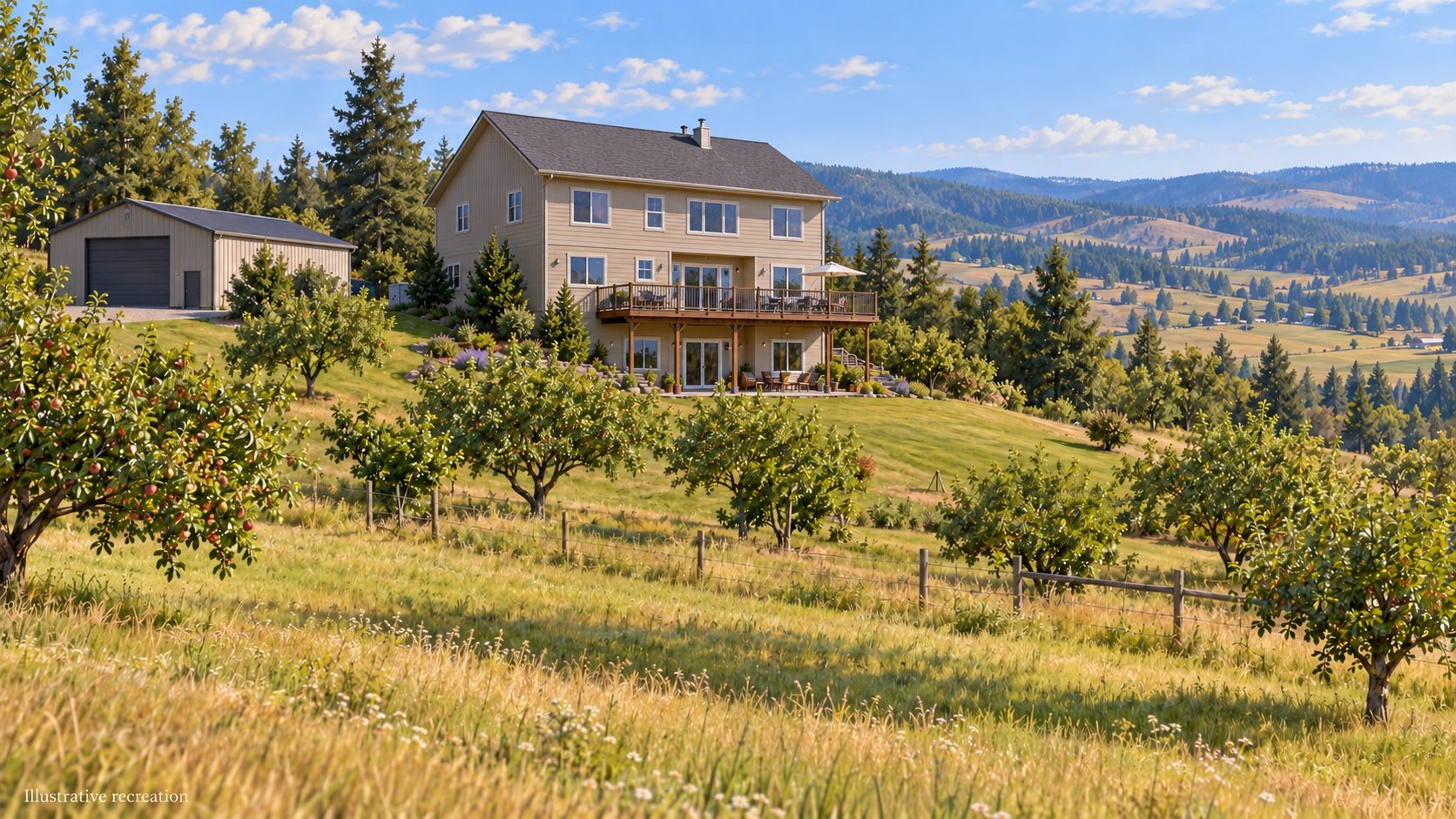 Illustrative recreation of a Green Bluff hillside home with two stories above a walkout basement, a shop to the left, fruit trees, and sloping pasture.