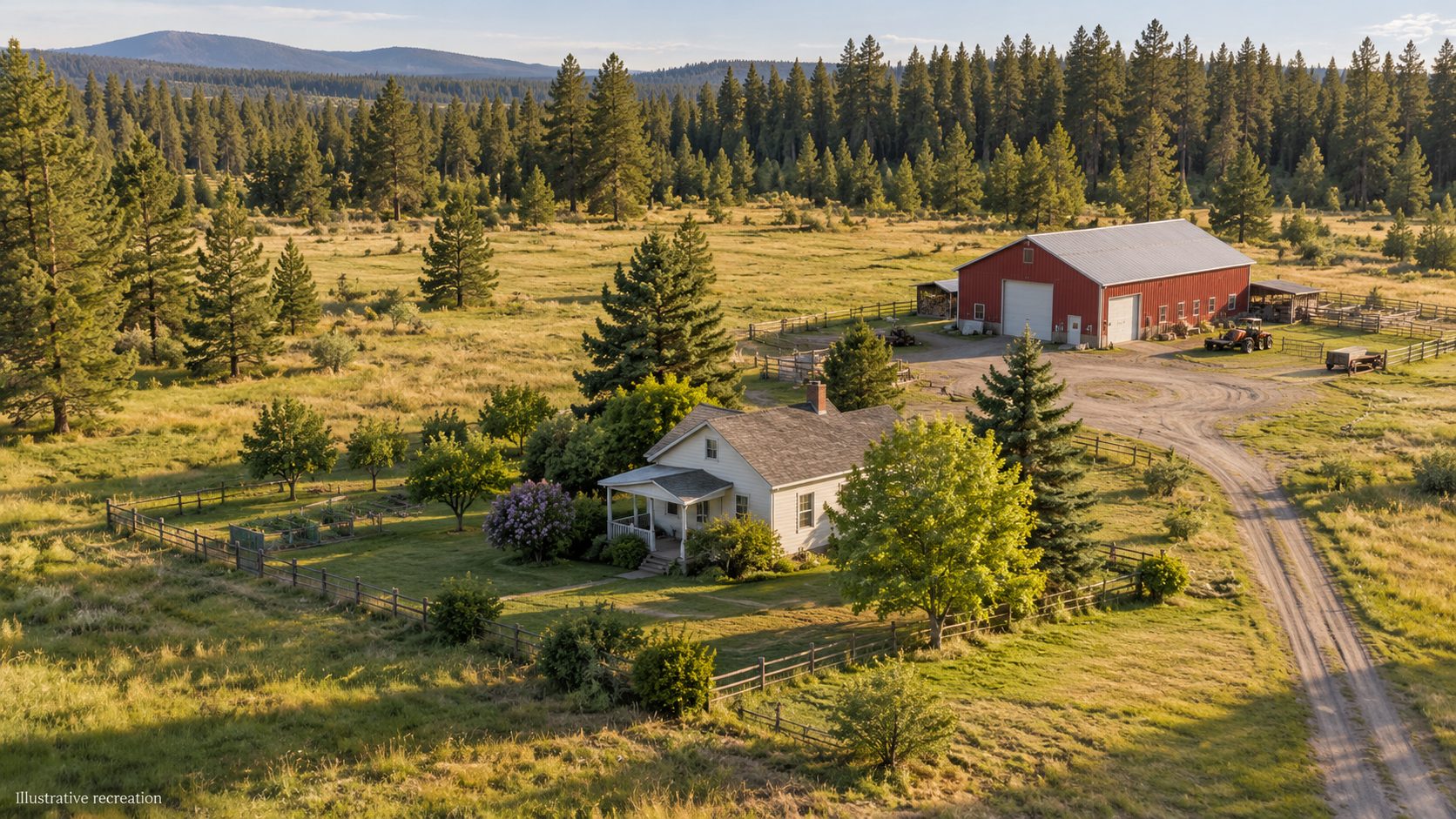 Illustrative recreation of an older farmhouse in an open field with a large red barn and forest beyond, inspired by the Halliday Road acreage case study.