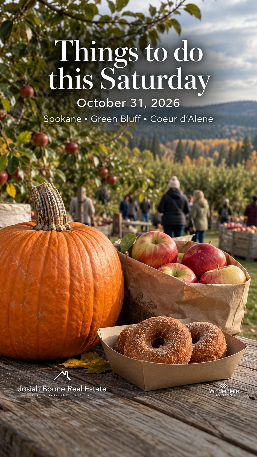 October 31 local weekend guide with apples, an uncarved pumpkin and doughnuts in an illustrative autumn farm scene.