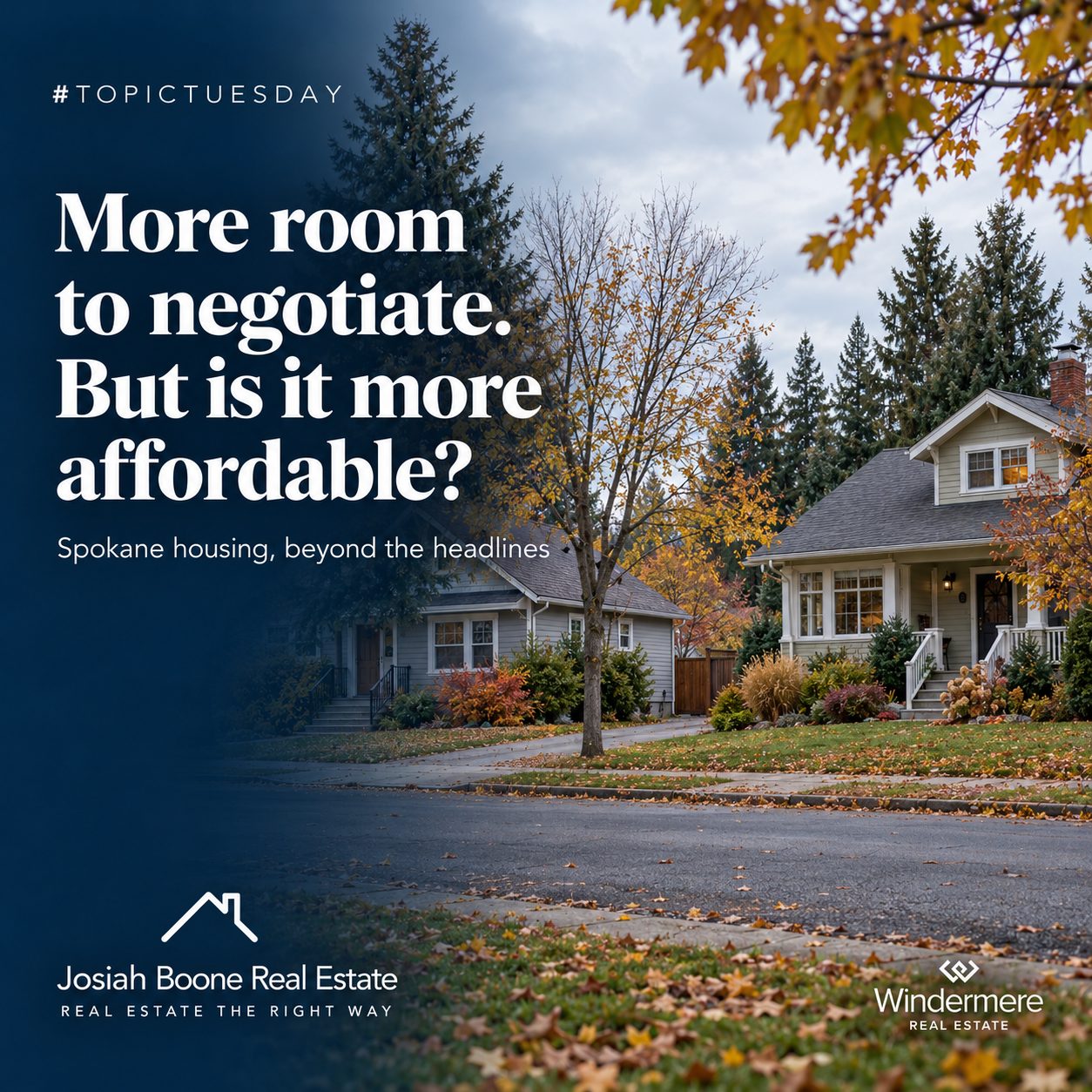 Topic Tuesday graphic with an autumn neighborhood illustration and the question “More room to negotiate. But is it more affordable?”